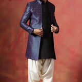 Black And White Jacquard Solid Sherwani Set