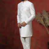 White Cotton Blend Printed Sherwani Set