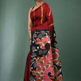 Falu Red Pure Silk Saree With Stripes Design