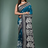 Peacock Blue Pure Silk Kantha Stitched Saree