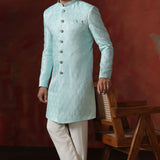 Sky Blue Cotton Blend Printed Sherwani Set