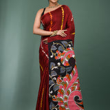 Falu Red Pure Silk Saree With Stripes Design