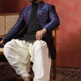 Black And White Jacquard Solid Sherwani Set
