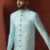 Sky Blue Cotton Blend Printed Sherwani Set