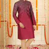 Red Gradient Art Silk Kurta Set With Embroidered Collar Neck