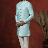 Sky Blue Cotton Blend Printed Sherwani Set