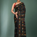 Raven Black Blended Silk Kantha Stitched Saree