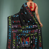 Black Blended Silk Kantha Stitched Saree