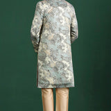 Ash Grey And Cream Cotton Blend Printed Sherwani Set