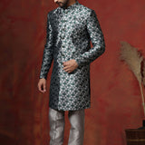 Charcoal Grey Cotton Blend Printed Sherwani Set