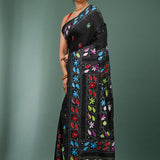 Black Blended Silk Kantha Stitched Saree