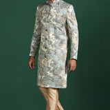 Ash Grey And Cream Cotton Blend Printed Sherwani Set