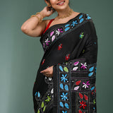 Black Blended Silk Kantha Stitched Saree