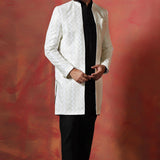 Black And White Cotton Blend Solid Sherwani Set