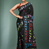 Black Blended Silk Kantha Stitched Saree