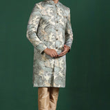 Ash Grey And Cream Cotton Blend Printed Sherwani Set