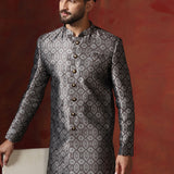 Grey Cotton Blend Printed Sherwani Set