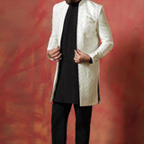 Black And White Cotton Blend Solid Sherwani Set