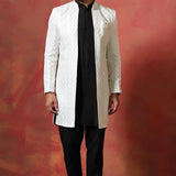 Black And White Cotton Blend Solid Sherwani Set