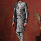 Grey Cotton Blend Printed Sherwani Set