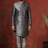 Grey Cotton Blend Printed Sherwani Set