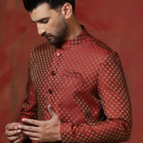 Maroon Printed Cotton Blend Sherwani Set