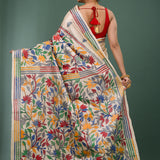 Light Beige Tussar Silk Kantha Stitched Saree