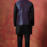 Jute Black Kurta Set With Jacquard Embroidered Nehru Jacket
