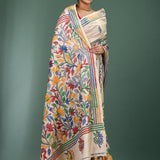 Light Beige Tussar Silk Kantha Stitched Saree