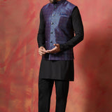 Jute Black Kurta Set With Jacquard Embroidered Nehru Jacket