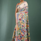 Light Beige Tussar Silk Kantha Stitched Saree