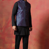 Jute Black Kurta Set With Jacquard Embroidered Nehru Jacket
