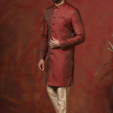 Maroon Printed Cotton Blend Sherwani Set