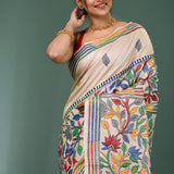 Light Beige Tussar Silk Kantha Stitched Saree