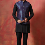 Jute Black Kurta Set With Jacquard Embroidered Nehru Jacket