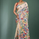 Light Beige Tussar Silk Kantha Stitched Saree