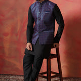 Jute Black Kurta Set With Jacquard Embroidered Nehru Jacket