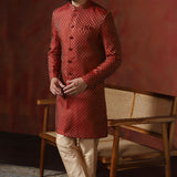 Maroon Printed Cotton Blend Sherwani Set