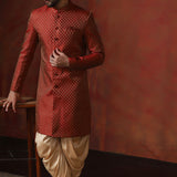 Maroon Cotton Blend Printed Sherwani Set