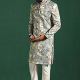 Ash Grey And White Cotton Blend Printed Sherwani Set
