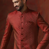 Maroon Cotton Blend Printed Sherwani Set