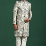 Ash Grey And White Cotton Blend Printed Sherwani Set