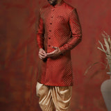 Maroon Cotton Blend Printed Sherwani Set