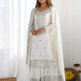 Bright White Floral Embroidered Silk Sharara Set