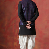 Black Jacquard Solid Kurta Set With Indigo Nehru Jacket