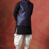 Black Jacquard Solid Kurta Set With Indigo Nehru Jacket