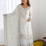 Bright White Floral Embroidered Silk Sharara Set