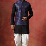 Black Jacquard Solid Kurta Set With Indigo Nehru Jacket