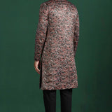 Dark Maroon Cotton Blend Printed Sherwani Set