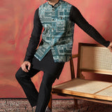 Jute Black Cotton Blend Kurta Set With Embroidered Nehru Jacket